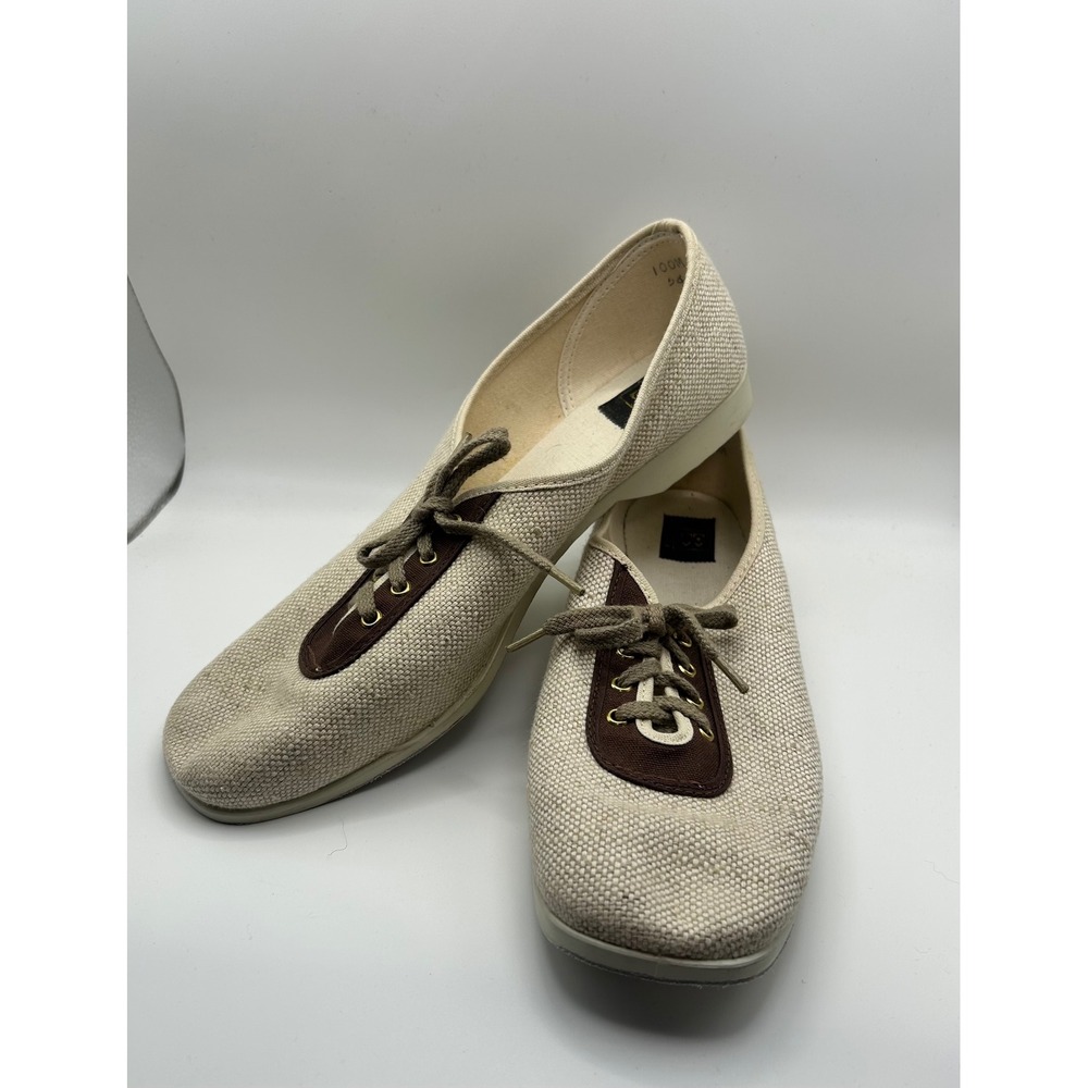 Vintage Brunswick Bowling Shoes Cream Canvas Brown Trim Made in USA Women's 10M
